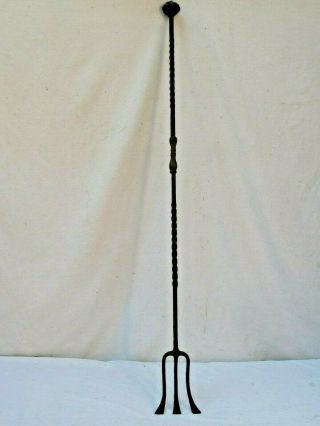 Antique Large Wrought Iron And Brass Fireplace Fork Crown Handle 53 "