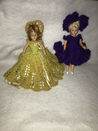 2 Vintage Dolls Duchess Green Hand Crocheted Dress Noname Purple Hand Crocheted