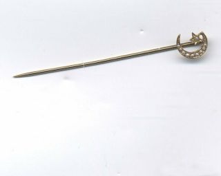 Antique Birks 14k Gold Crescent Moon & Star Stick Pin With Seed Pearls