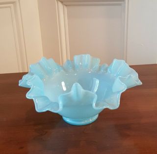 Antique Fenton Art Blue Glass 7 Inch 203 Bon Bon Candy Dish Ruffled Edge Bowl