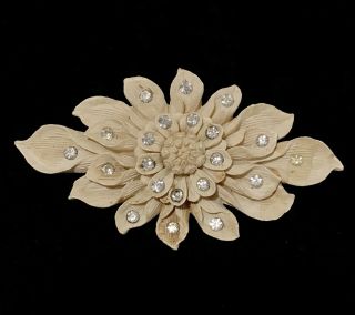Antique Carved Molded Celluloid? Large Flower Brooch With Rhinestones Unique