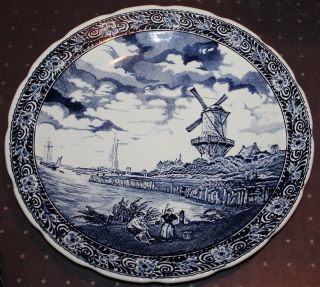 Vintage 15.  5 " Boch Belgian Blue Delfts Charger Plate Platter Windmill Coast