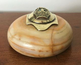 Antique WW1 Era Marble & Brass Royal 1st Devon Yeomanry Paperweight - Unusual 2