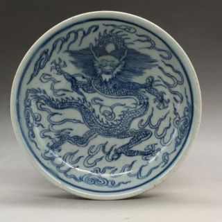 China Antique Porcelain Qing Guangxu Blue White Hand Painting Dragon Plate