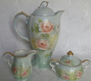 Antique Bavaria Germany Hand Painted Chocolate/coffee Set Roses&gold Signed