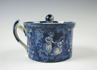 Antique Dark Blue Staffordshire Transferware Mustard Pot Two Girls circa 1825 4