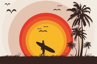 Surfer Tropical Beach Vintage Art Poster Palm Trees Surf Board Birds 24x36