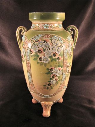 Antique Japanese Satsuma Moriage Flower Enameled Footed Vase Exc Cond