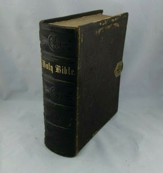 N - 214 Antique Leather Bound 1870 Bible With The Apocrypha
