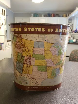 Vintage Trash Can United States Map Weibro Embossed