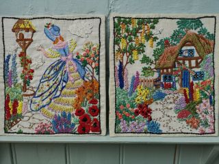 2 Vintage Embroidered Crinoline Lady And English Cottage Country Garden Picture
