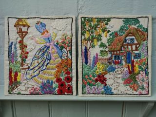 2 VINTAGE EMBROIDERED crinoline lady and English Cottage country garden picture 2