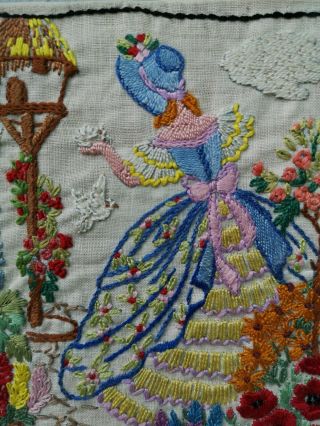2 VINTAGE EMBROIDERED crinoline lady and English Cottage country garden picture 3