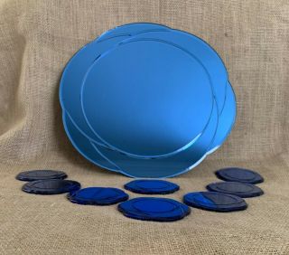 Art Deco Cobalt Glass Mirror Tray With 8 Coasters Scalloped Edges