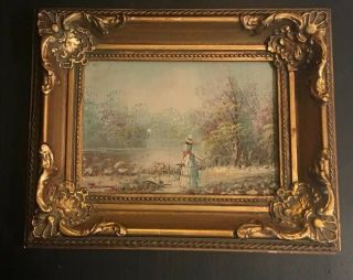 Vintage Ornate Gilt Framed Oil Painting Victorian Woman By The Water Scenic