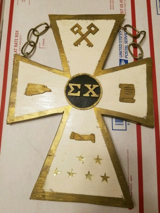 Rare Vintage Antique Sigma Chi Fraternity Wood White Cross Wall Hanging Plaque