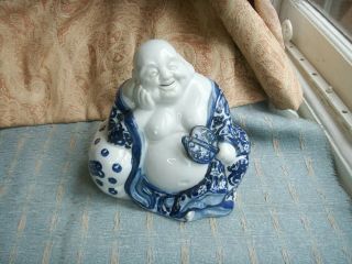 Old Antique Chinese Porcelain Blue & White Seated Laughing Buddha Figure 19th C