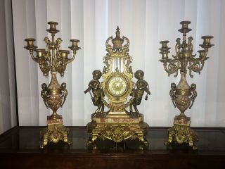 Antique Italian Marble And Bronze Clock With Candelabra 25 Inches Tall