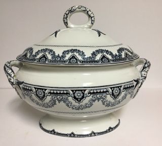 Antique Large Wedgwood & Co.  Soup Tureen Dark Blue Transfer Ware 8 Pounds