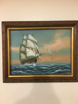 Vintage Oil Painting Of Sailing Ship Seascape Signed By Artist Ronald Vallas.