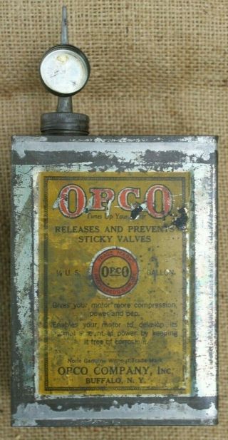Vtg Opco Valve Lubricant Quart Oil Can 1/4 Gallon Gas Advertising Antique Tin