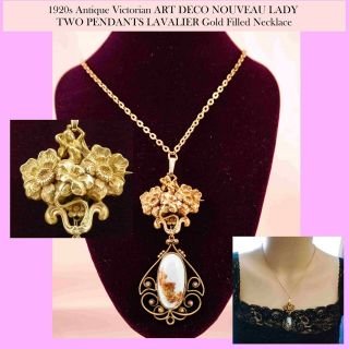 1920s Antique Victorian Art Deco Lady Two Pendants Lavalier Gold F Necklace