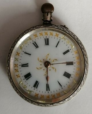 Antique Silver Fob Watch,  Ladies Sterling And Enamel Pocket Watch