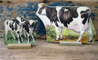Antique Cardboard Farm Animal Wood Stand Holstein Fresian Cow & Calves