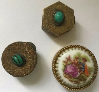 Antique Compact France Stones Malachite? Italy Pill Trinket Box French Vintage