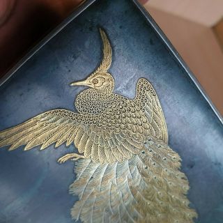 64 Old Rare Antique Japanese Meiji Silver Gold Box Inlay Peafowl Birds Marked 2