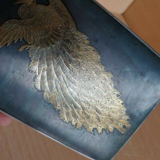 64 Old Rare Antique Japanese Meiji Silver Gold Box Inlay Peafowl Birds Marked 3