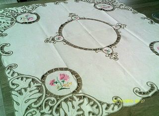 Vintage Beige Linen Tablecloth With Decorative Embroidered Cut Work