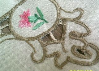 VINTAGE BEIGE LINEN TABLECLOTH WITH DECORATIVE EMBROIDERED CUT WORK 5