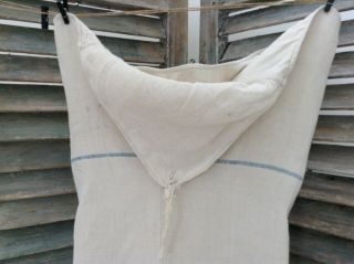 Antique vinatge French grain sack linen hemp heavy timeworn rustic patch stripes 3