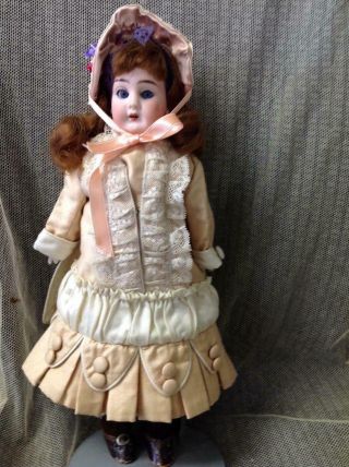 Small 12 In Antique German Doll Blue Eyes Peach Dress Antique Shoes