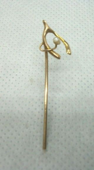 Antique 10 K Gold Stick Pin Wishbone With Tiny Seed Pearl Measures 2 &3/8 "