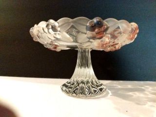 Antique Candy Dish Pedestal Clear Cranberry Cut Glass Floral Pattern Vintage