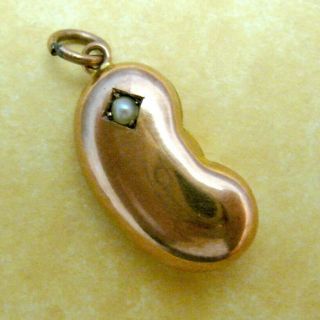 Antique English 9ct Rose Gold Lucky Bean Charm Seed Pearl