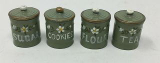 Vintage Dollhouse Miniature Metal Canister Set With Lids Cookies Flour Tea Sugar