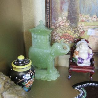 Vtg FAUX GREEN JADE ELEPHANT FIGURINE Chinese Dollhouse Statue Sculpture Italy 3