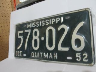 Old Antique Vintage Mississippi License Plate Car Tag 1952 Quitman County Ms,