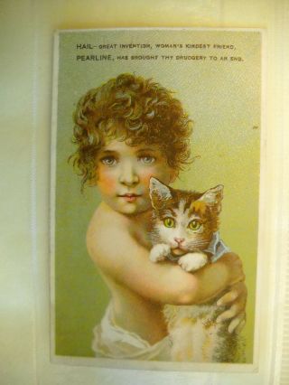 Pearline Soap Antique Victorian Trade Card Chromolithograph Child Holds Cat