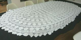 Large Vintage Heavy Off - White Oval Crochet Tablecloth