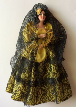 Vintage Munecos Carselle Mexican Senorita 12 " Juanita Doll Yellow W/black Lace