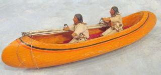 Antique Nat.  Amer Indians Hand Carved/painted Wood Canoe,  Oars Folk Artifact 16 "
