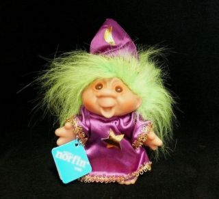 Vintage 5 " Wizard Norfin Troll Doll Moon And Star Green Hair With Tag 1986 Dam