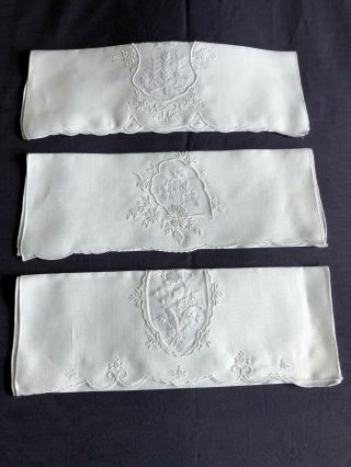 Trio Of Lovely Madeira Work Vintage Hand Embroidered Guest / Hand Towels