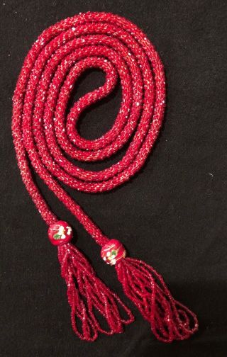 Antique Woven Knit Red Glass Beaded Lariat Necklace Flapper 1920s Art Deco
