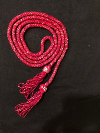 Antique Woven Knit Red Glass Beaded Lariat Necklace Flapper 1920s Art Deco 2