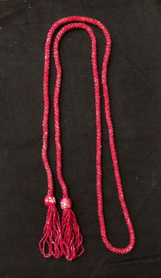 Antique Woven Knit Red Glass Beaded Lariat Necklace Flapper 1920s Art Deco 3